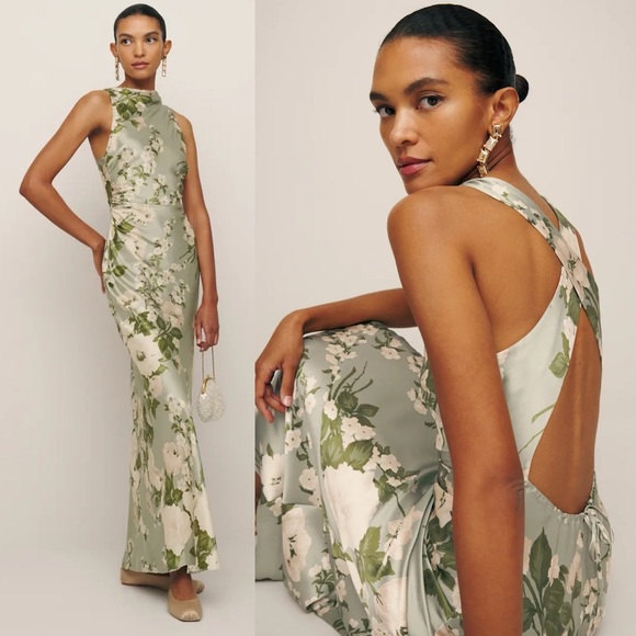 Reformation Dresses & Skirts - Reformation Anaiis Silk Cross Strap Maxi Dress Tarragon Floral Green